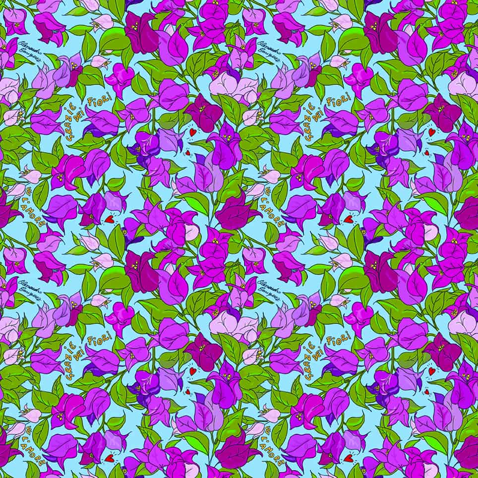 Beautiful floral pattern featuring vibrant purple and pink geranei flowers on a light blue backgroun.