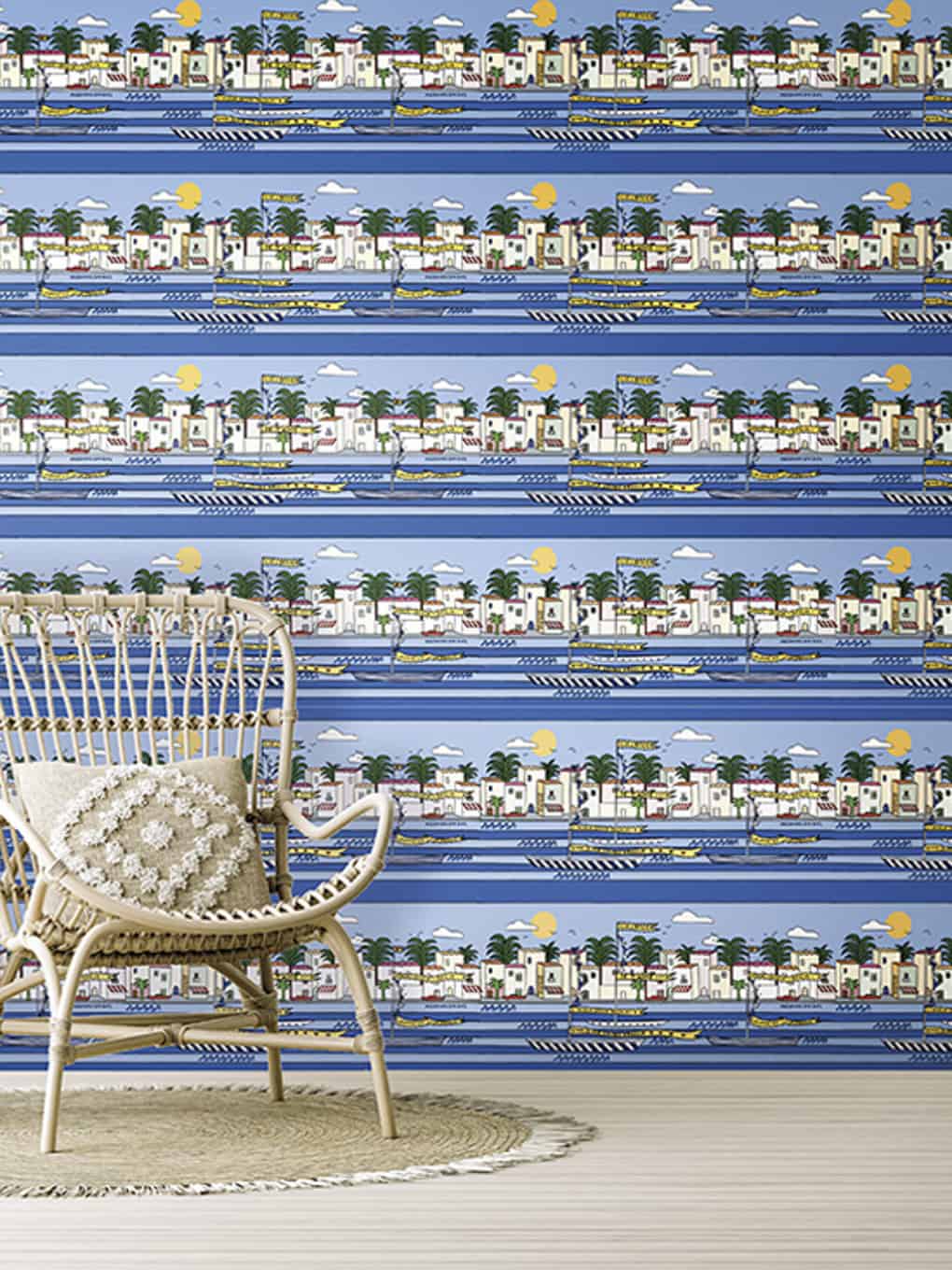 Vibrant coastal wallpaper featuring beach houses, palm trees, and ocean waves for a seaside-inspired.