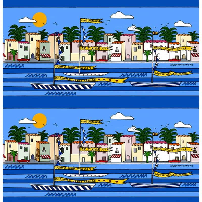 Colorful seaside town illustration with boats and palm trees for Mare Mare theme.